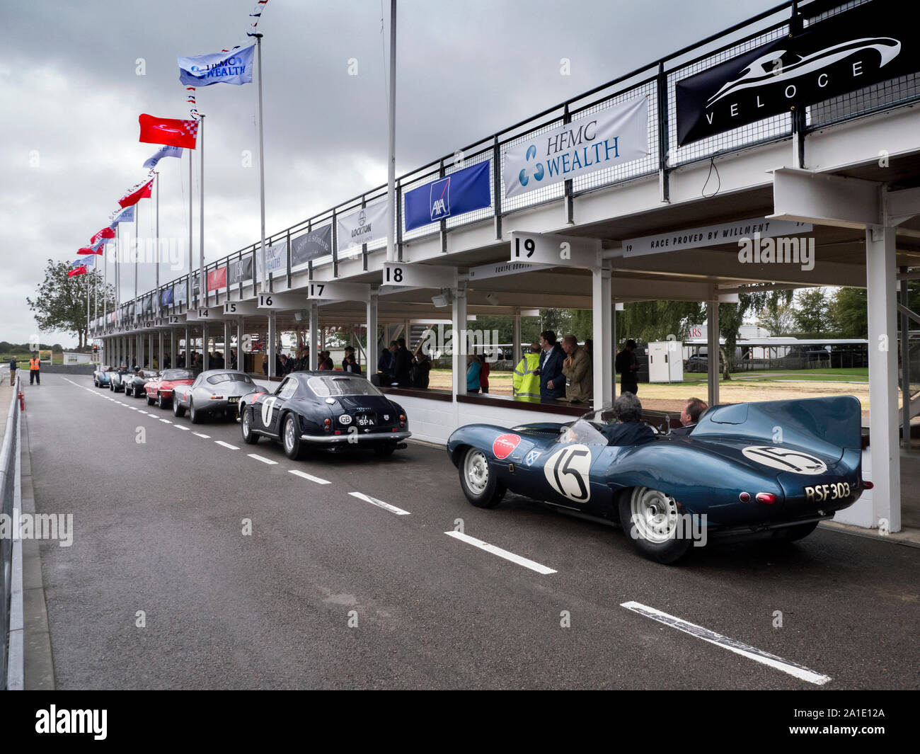 1956 Jaguar D Typt and other classic cars at the Veloce Charity Track day at Goodwood 25/9/19 Stock Photo