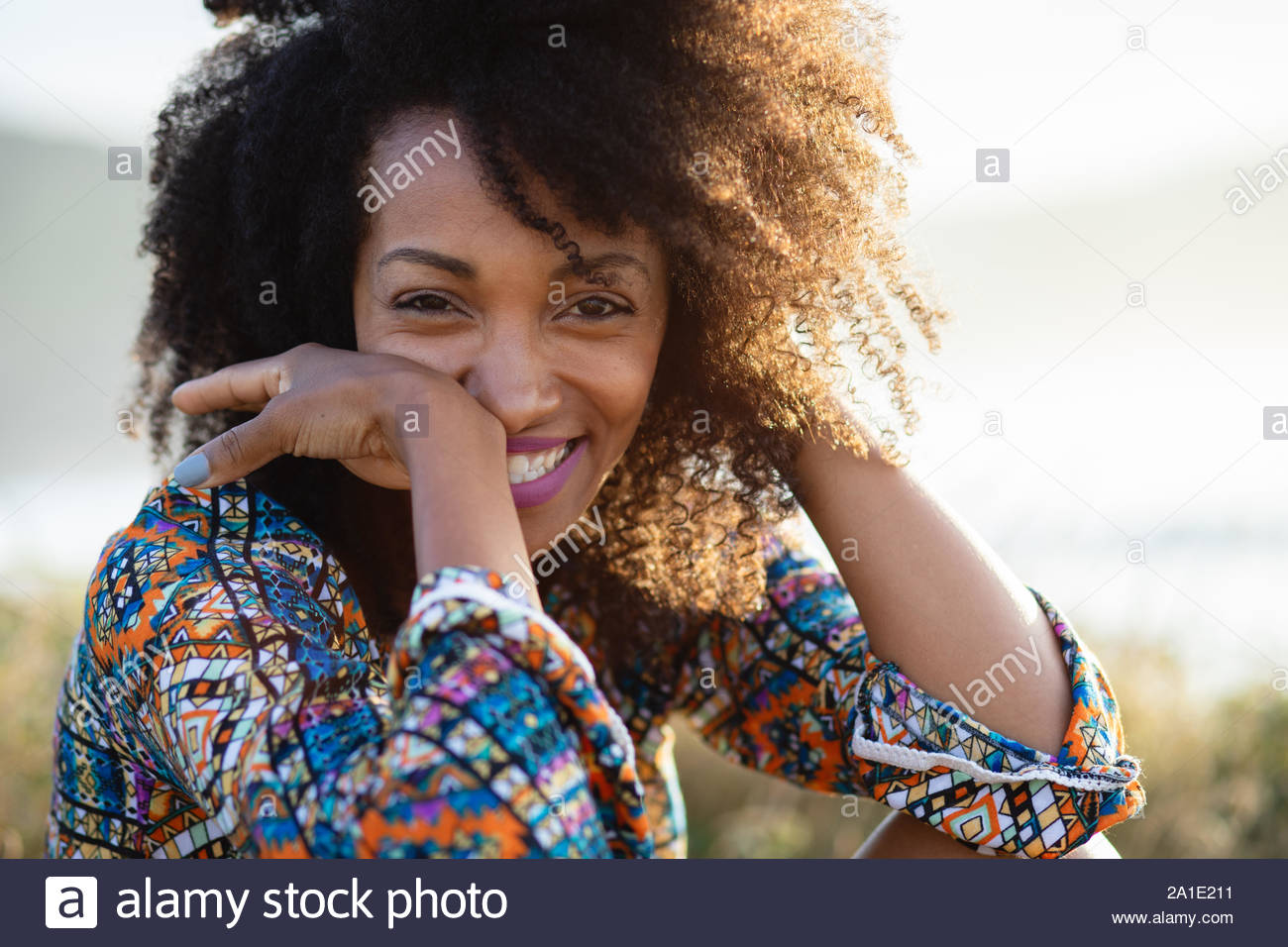 Pretty Afro Hairstyle Woman Relaxing On Summer Trip To The Coast