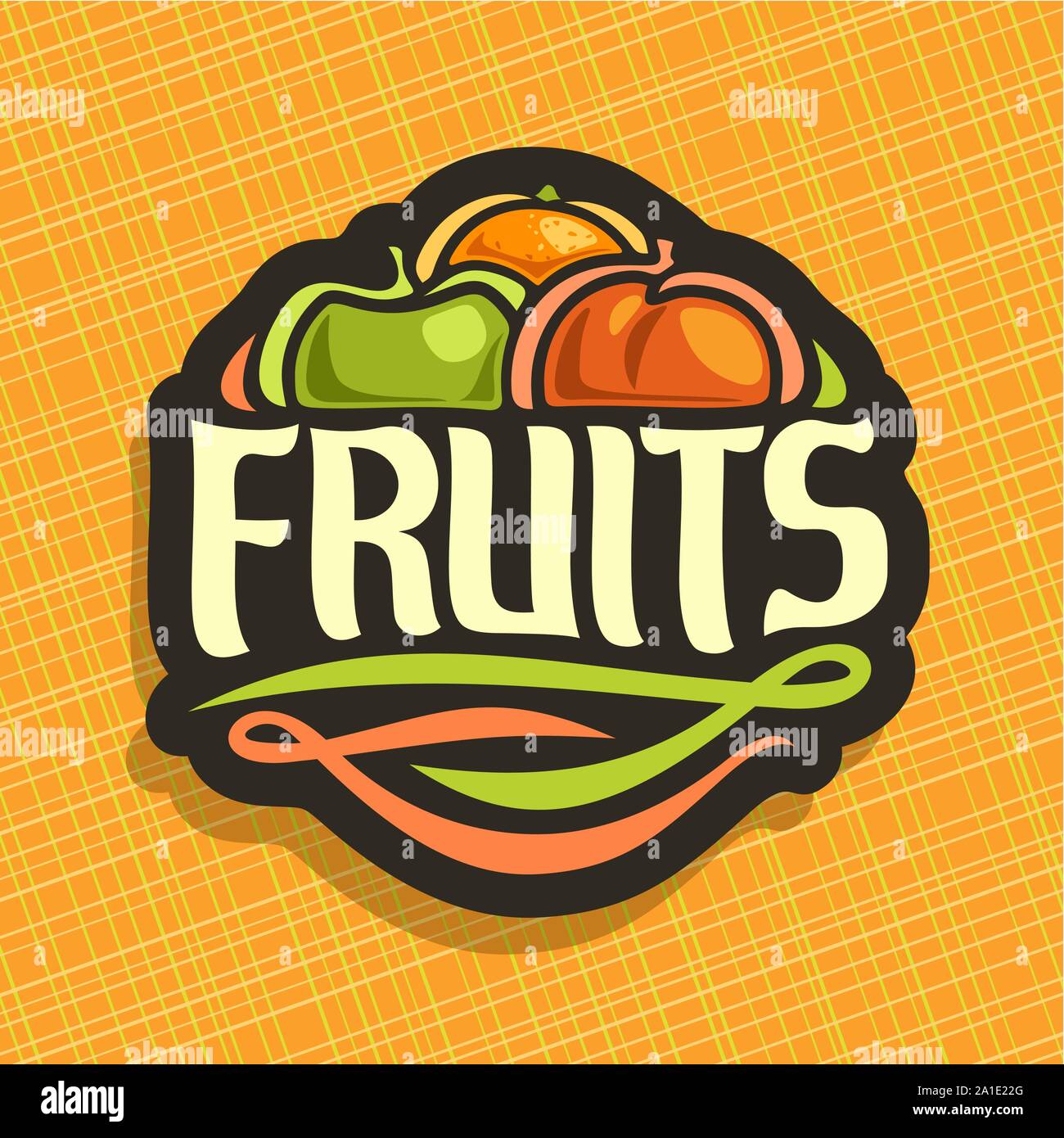 Vector logo for set fresh Fruits juicy orange, green apple, sweet