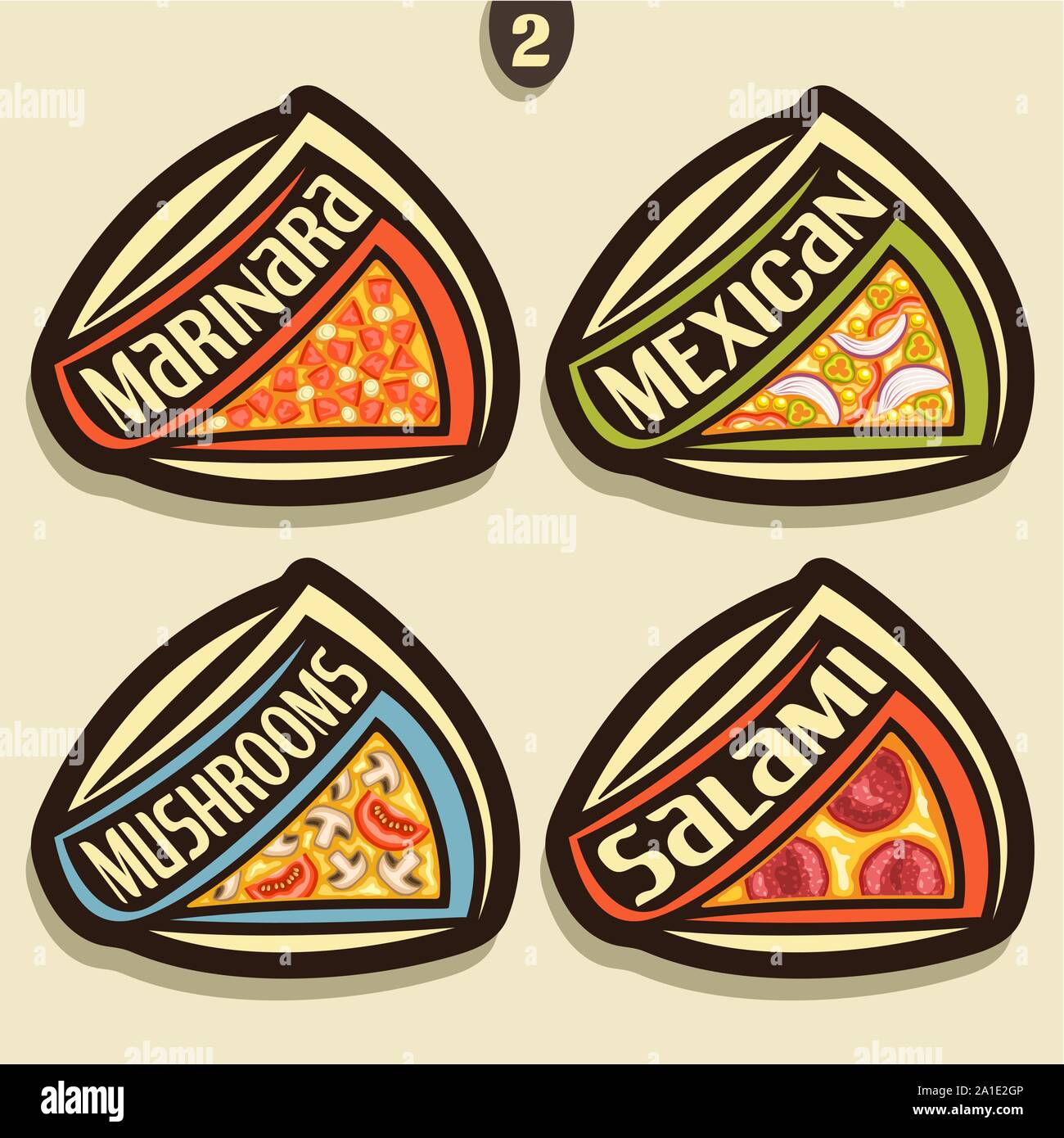 Vector set signs for italian Pizza: 4 labels for pizzeria menu with title text, triangle slices of different kinds of pizza top view with original fon Stock Vector