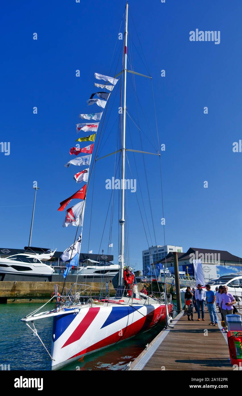 Pip Hare's Vendee Globe boat, Superbigou, at the Southampton Boat Show 2019 Stock Photo