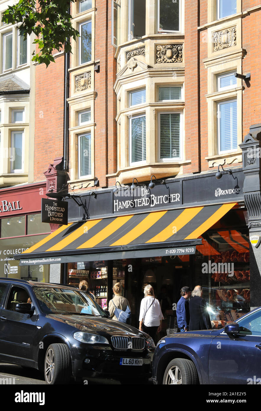 The Hampstead Bucher and other shops on upmarket Rosslyn Hill, in Hampstead, north London, UK Stock Photo