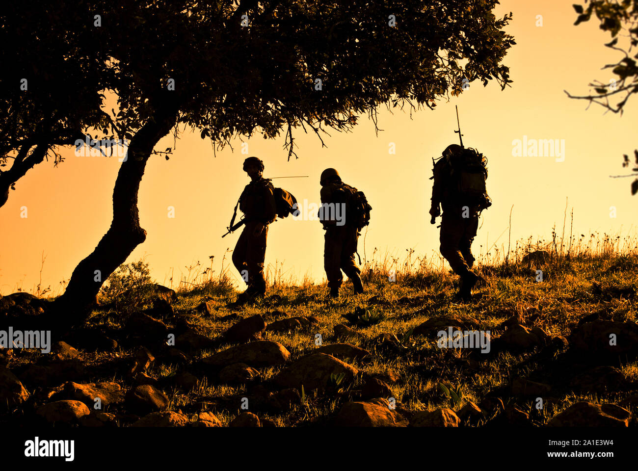 Three army soldiers patrolling during sunset Stock Photo