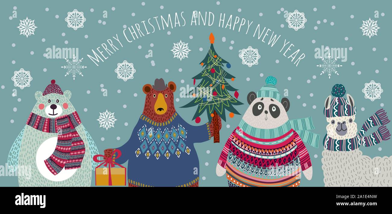 Merry Christmas and Happy New Year. Cute Animals Character. Happy friends - Bear, Polar Bear, panda and llama in winter greeting scene. Hand drawn Stock Vector