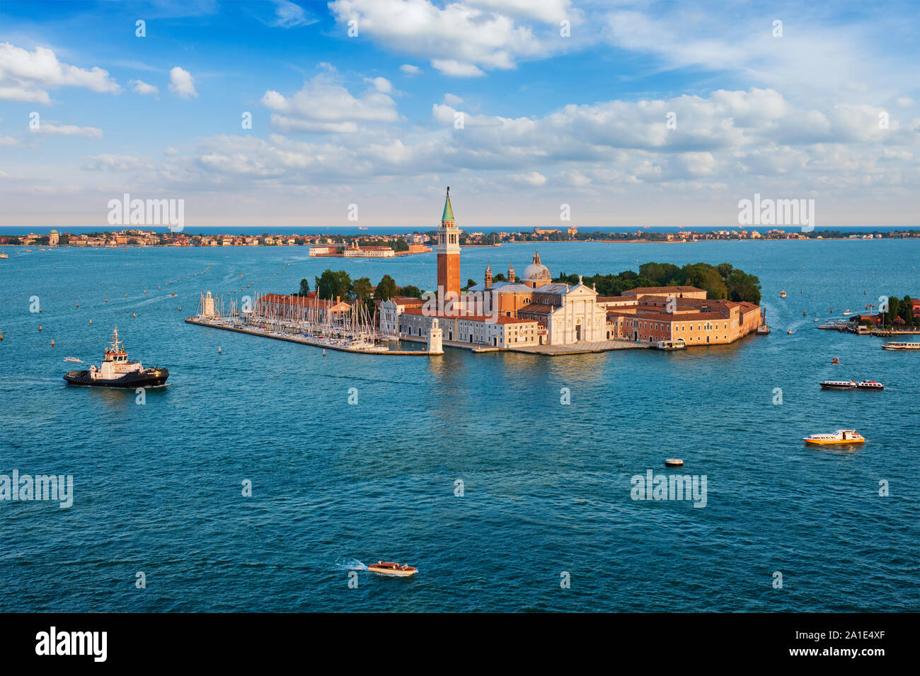 Aerial view of Venice lagoon with boats and San Giorgio di Maggiore church. Venice, Italy Stock Photo