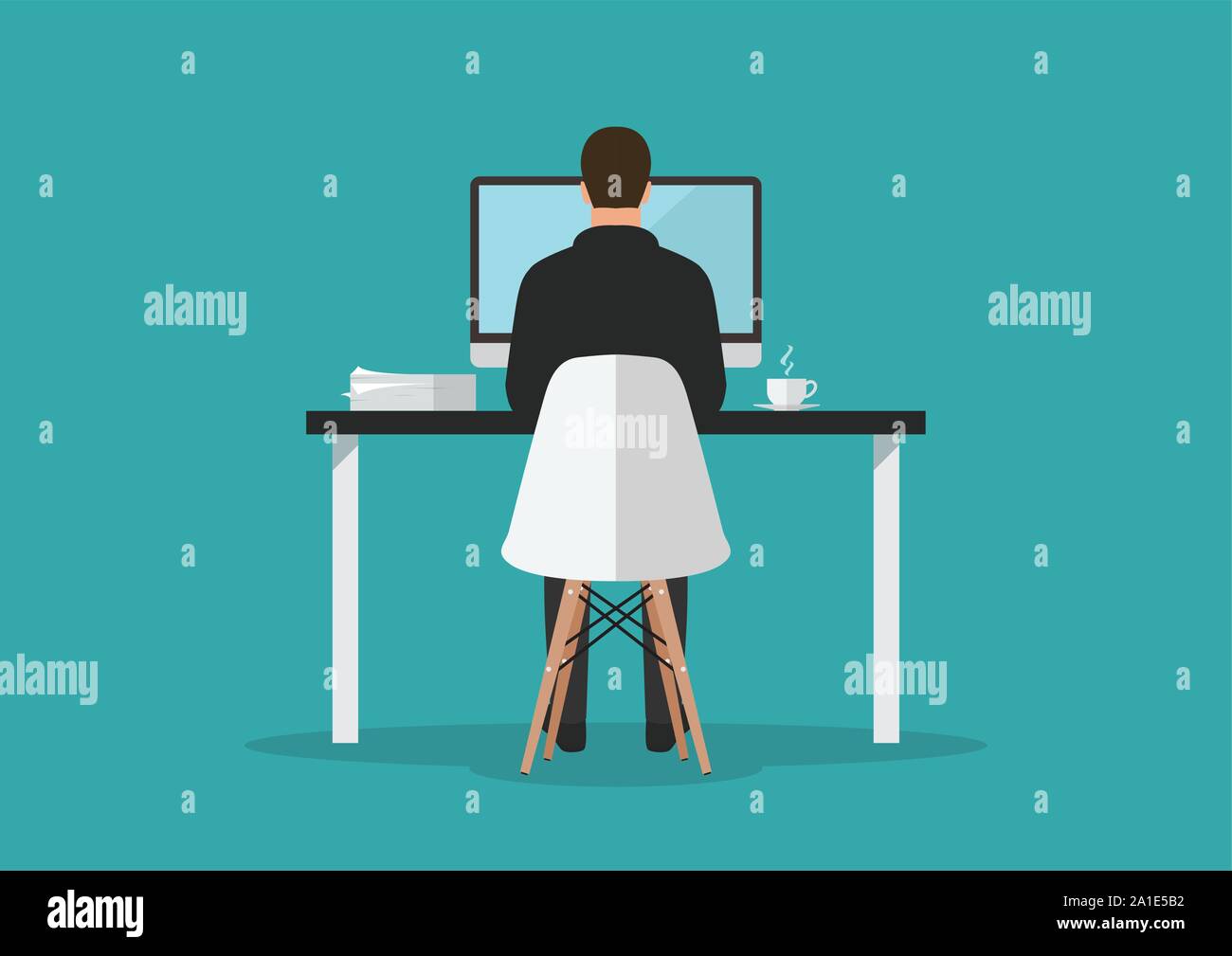 Businessman working on computer in office. Vector illustration Stock Vector