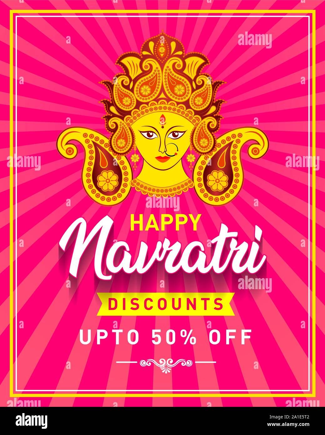 Happy Navratri Discount Upto 50% Off Banner of Indian Festival of Durga Puja Sale Offer, Logo design, Sticker, Concept, Icon, poster on textured wall. Stock Vector