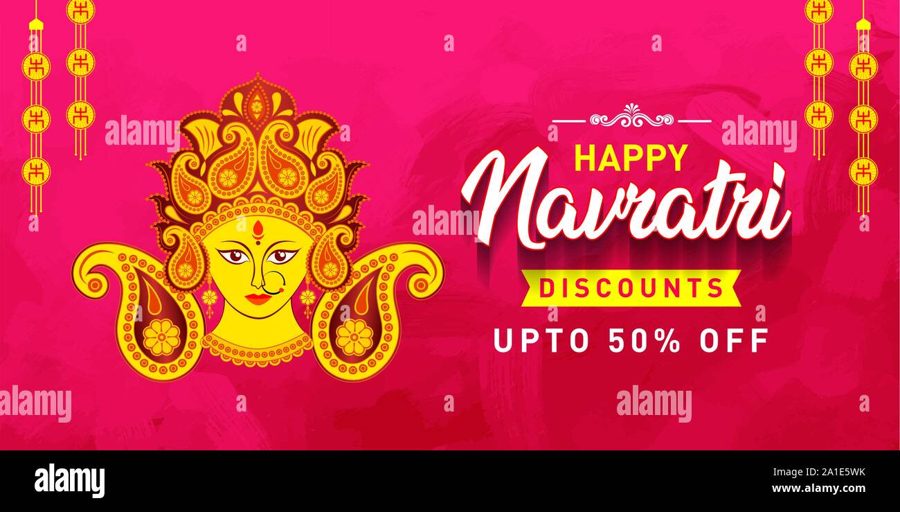 Happy Navratri Discount Upto 50% Off Banner of Indian Festival of Durga Puja Sale Offer, Logo design, Sticker, Concept, Icon, poster on textured wall. Stock Vector