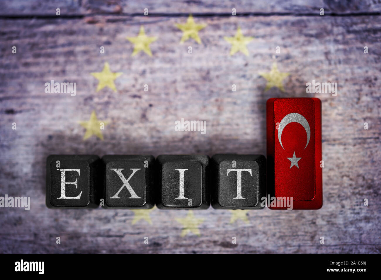 parts of a keyboard with word exit and turkish flag, in front of a wooden background with european banner Stock Photo