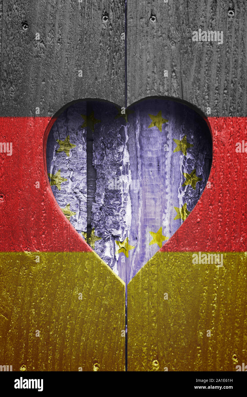 wooden sign with german colours shows the love to europe Stock Photo