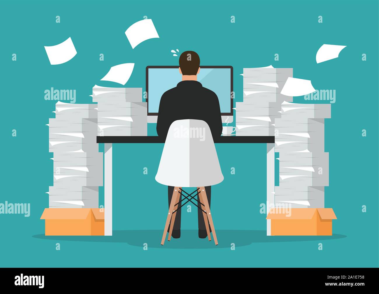 Busy businessman working on computer with pile of papers. Vector ...