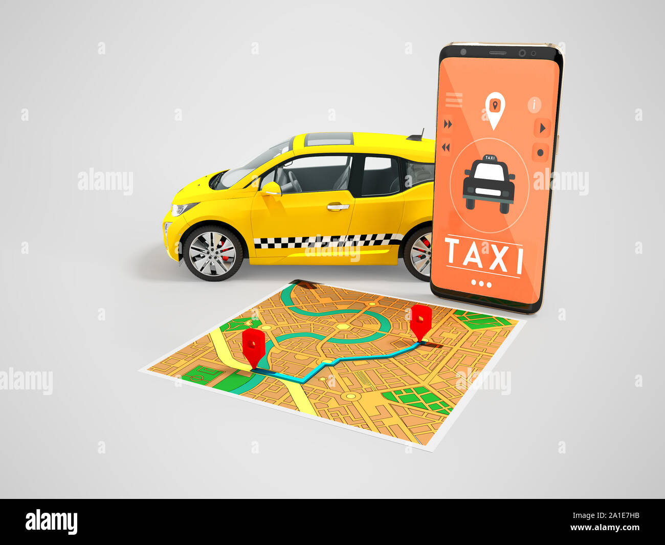 Taxi electric yellow with a call on the smartphone with a map route map 3d render on gray background with shadow Stock Photo