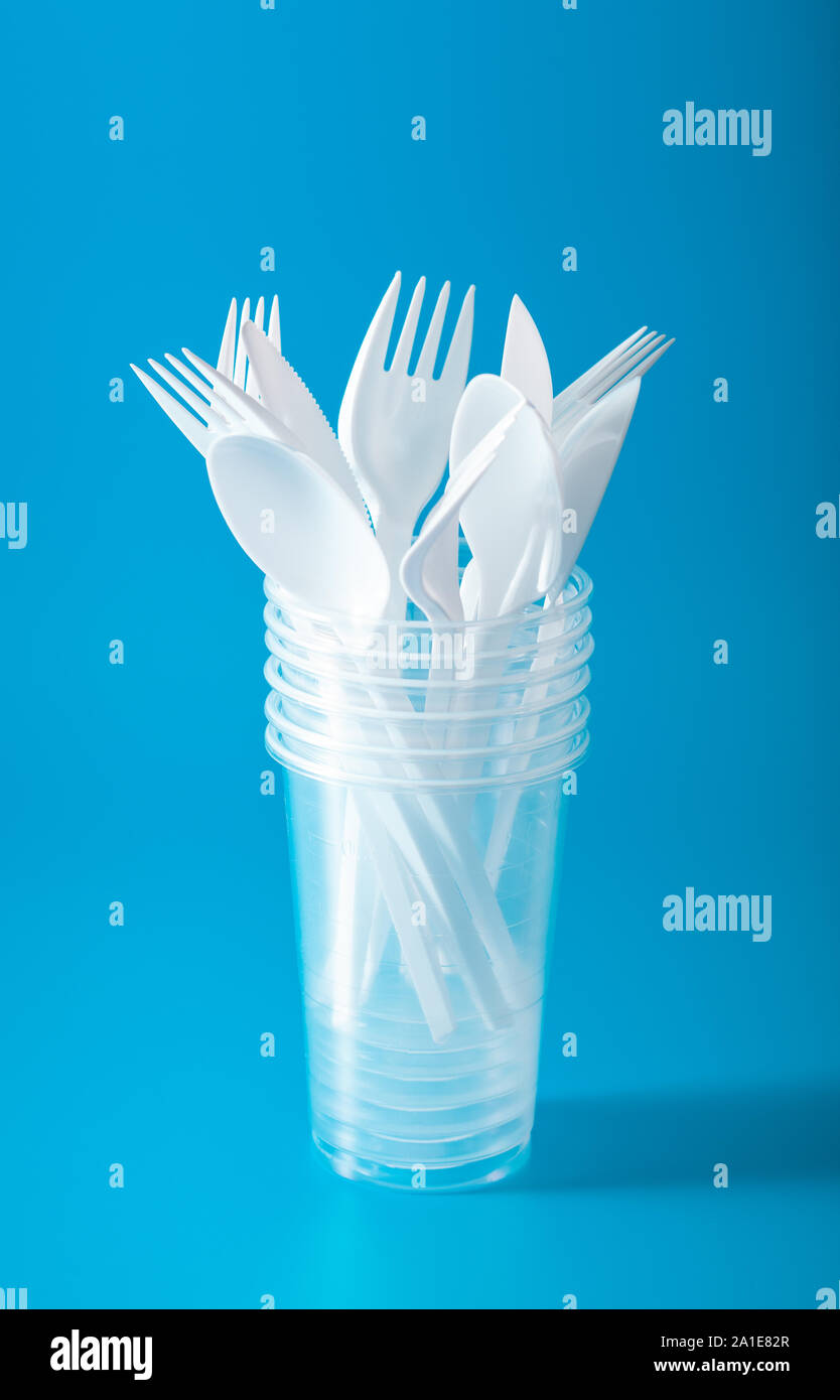 Single Use Plastic Cups, Forks, Spoons. Concept Of Recycling Plastic ...