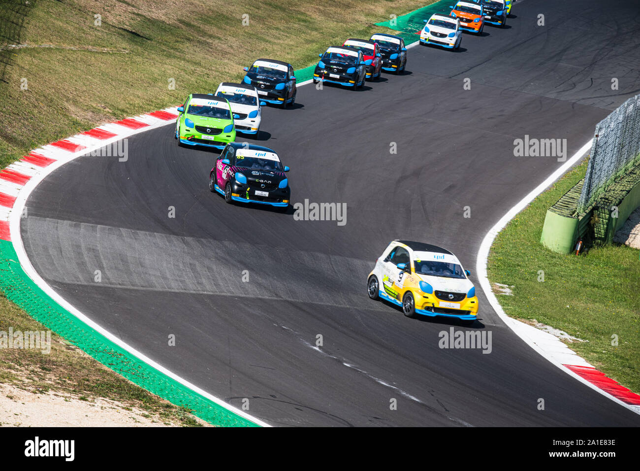 Vallelunga, Italy september 14 2019. High angle view of asphalt circuit with Smart electric engine racing car in action during the race Stock Photo