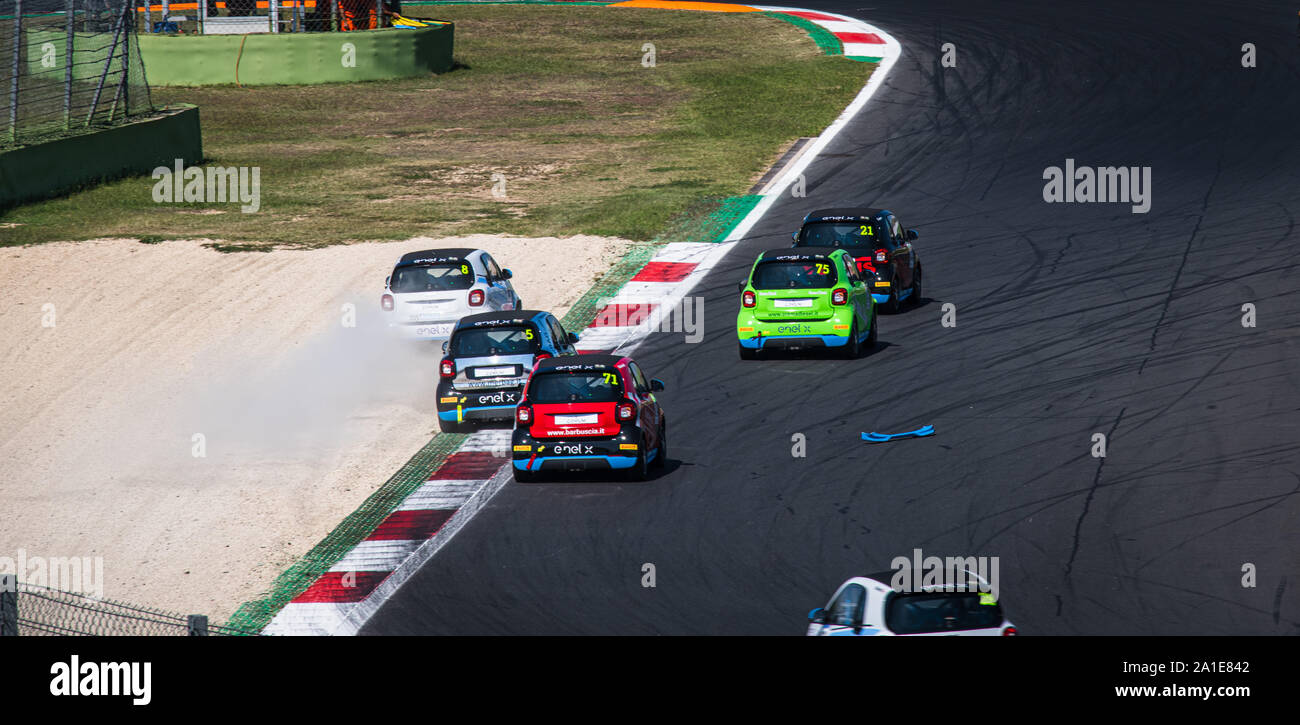 Vallelunga, Italy september 14 2019. High angle view of asphalt circuit with Smart electric engine racing car in action during the race Stock Photo