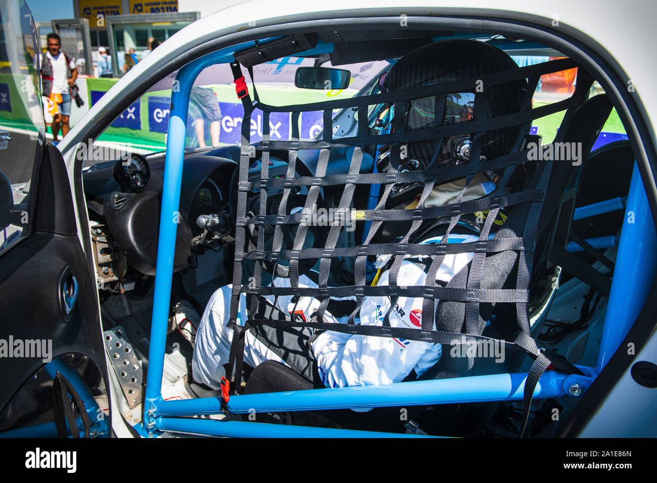 Vallelunga, Italy september 14 2019. Side view of racing driver in Smart fortwo electric engine