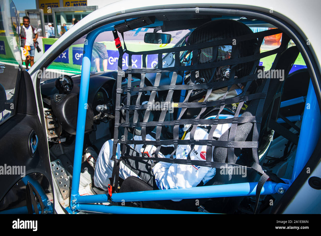 Vallelunga, Italy september 14 2019. Side view of racing driver in Smart fortwo electric engine racing car on grid Stock Photo