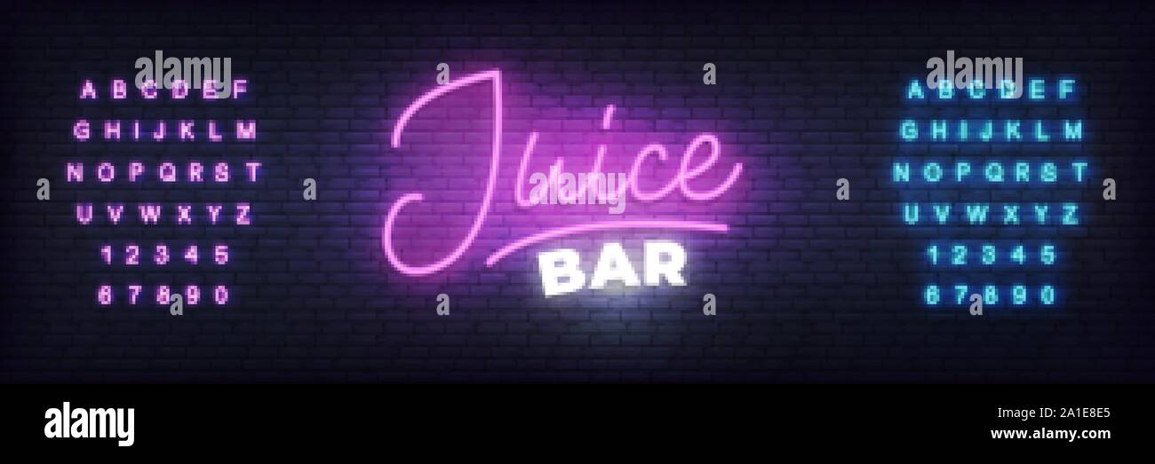 Juice bar neon template. Glowing Juice lettering sign Stock Vector