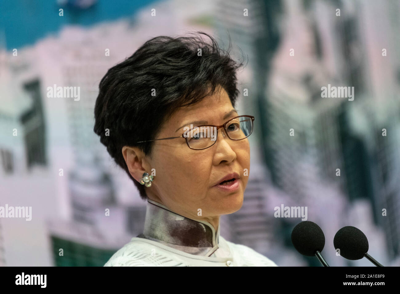 Hong Kong Chief Executive,Carrie Lam, announces the suspension of the proposed extradition bill at the government offices in Tamar Hong Kong. Jayne Ru Stock Photo