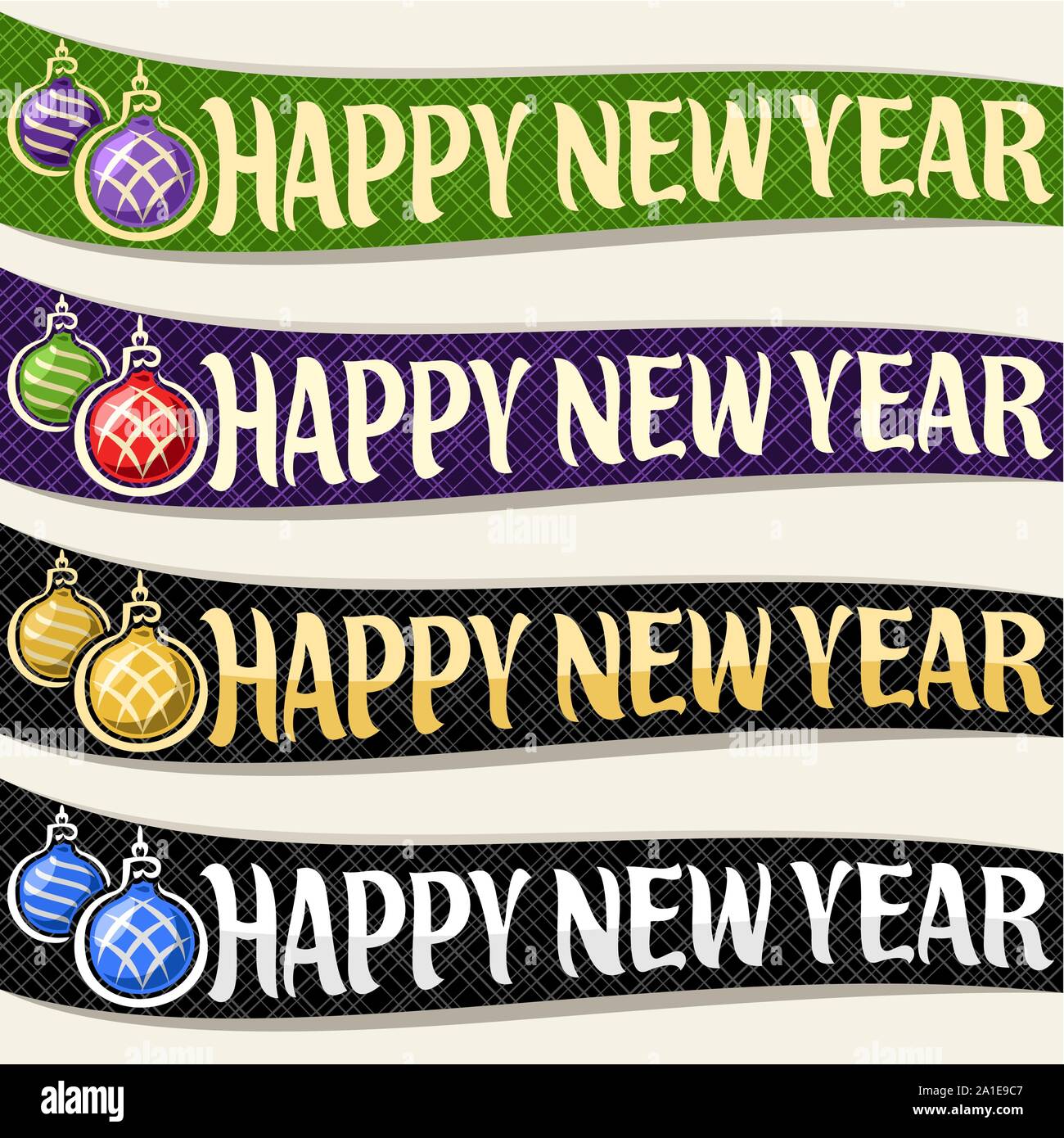Vector set of ribbons for New Year holiday: 4 curved banners with hanging xmas baubles on dark geometric background, calligraphy handwritten font for Stock Vector