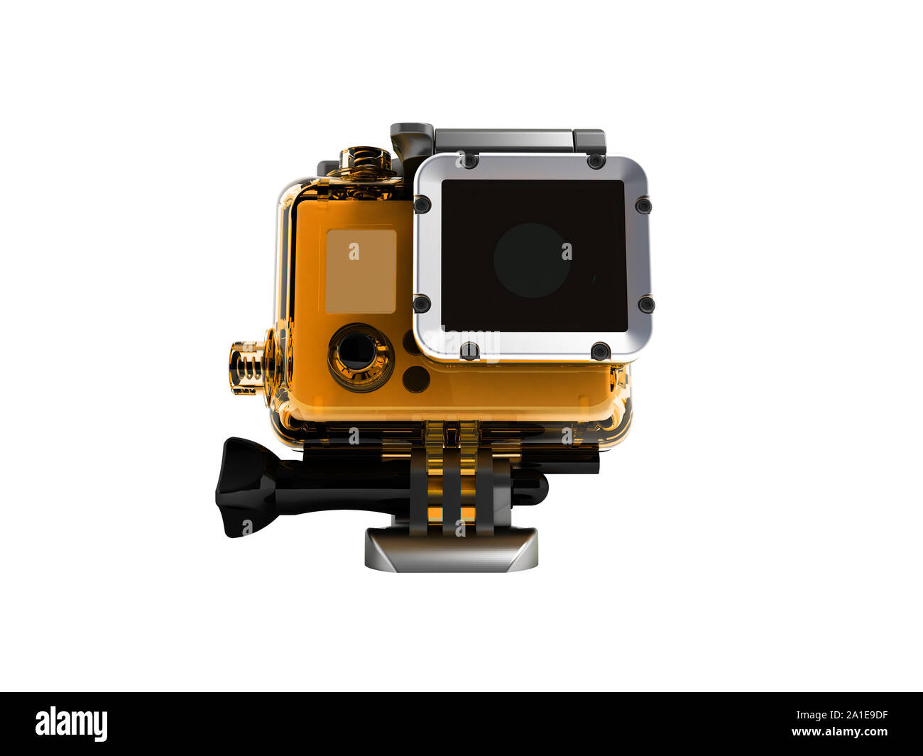 Action camera in durable plastic transparent yellow with a leg for