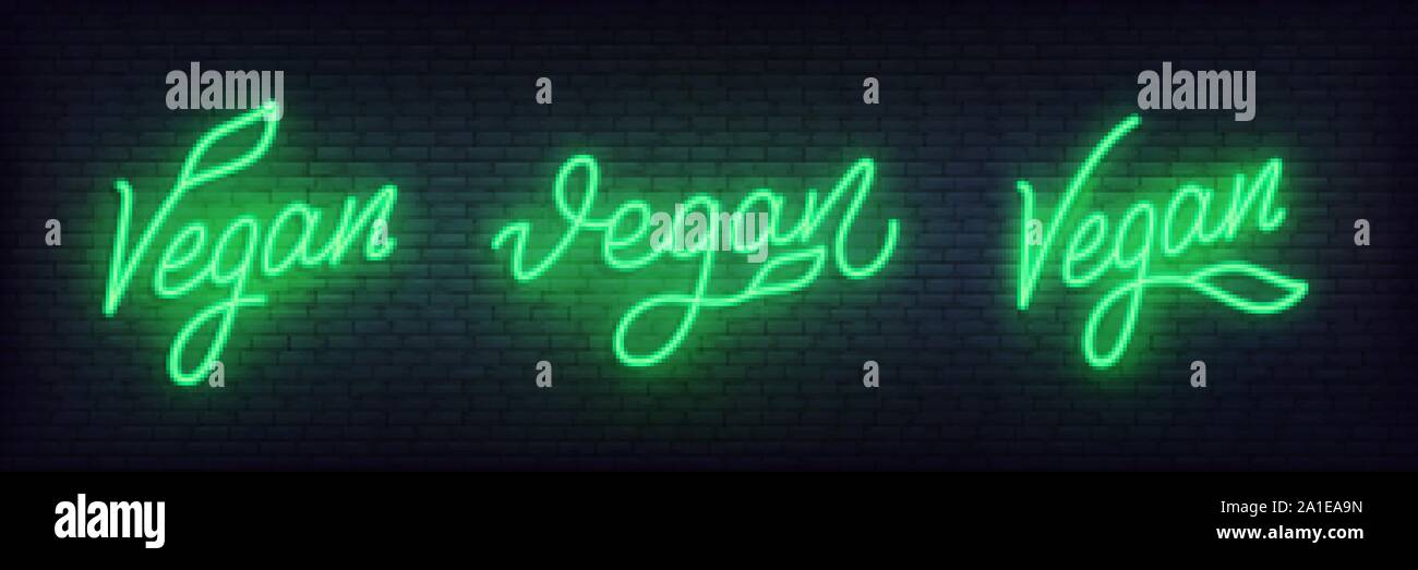 Vegan neon set. Glowing lettering Vegan sign template Stock Vector
