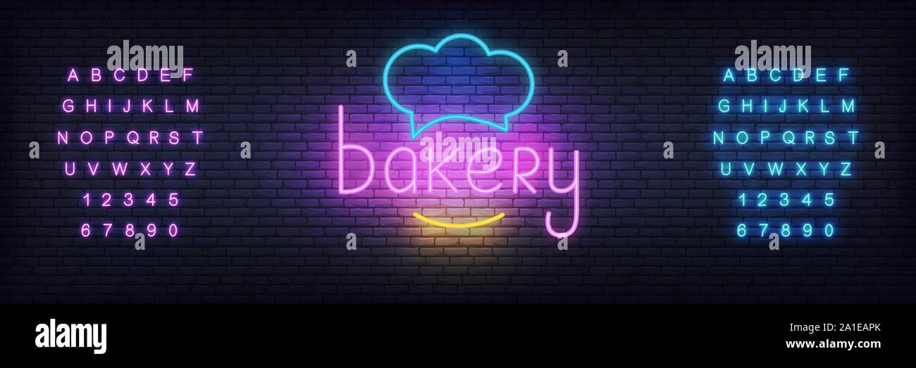 Bakery neon vector template. Glowing lettering sign for bake shop, cafe Stock Vector
