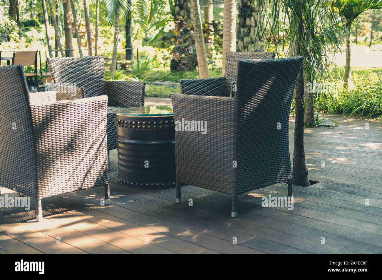 brown wicker rattan chair in terrace balcony. living design for home exterior decoration Stock