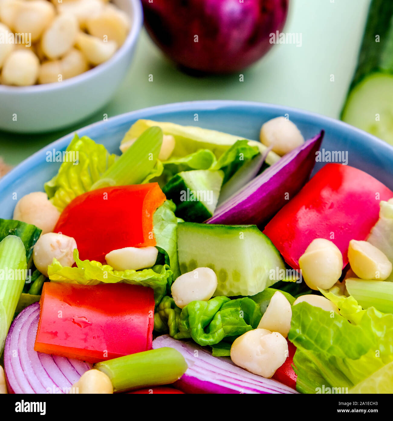 Healthy Vegetarian or Vegan Macadamia Nut Salad With Red Peppers, Chickory, Spring Onions, Gem Lettuce and Red Onion Stock Photo