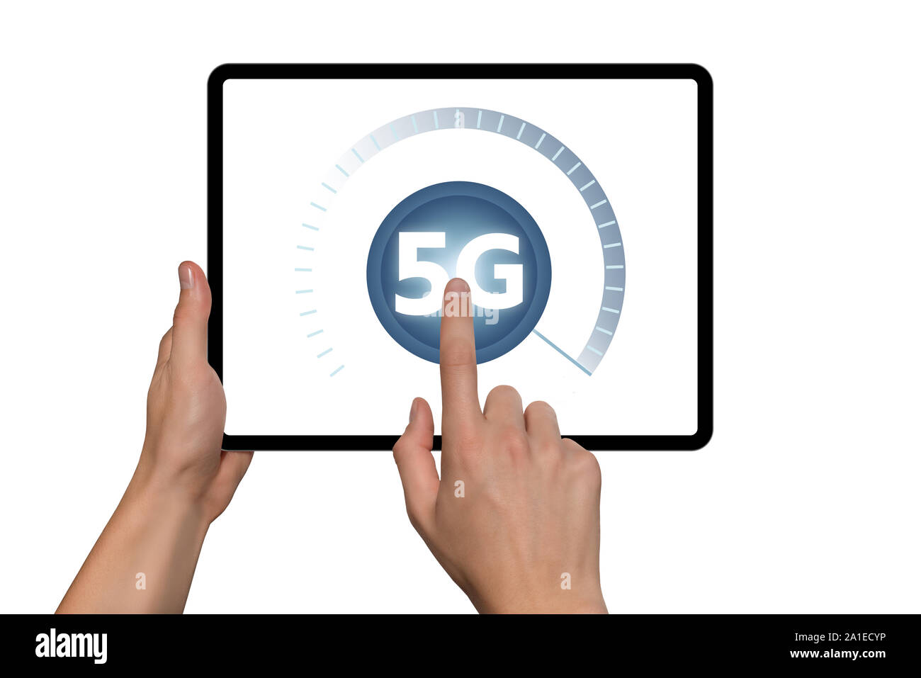 Man holding a digital tablet with symbol of 5G network connection. Stock Photo
