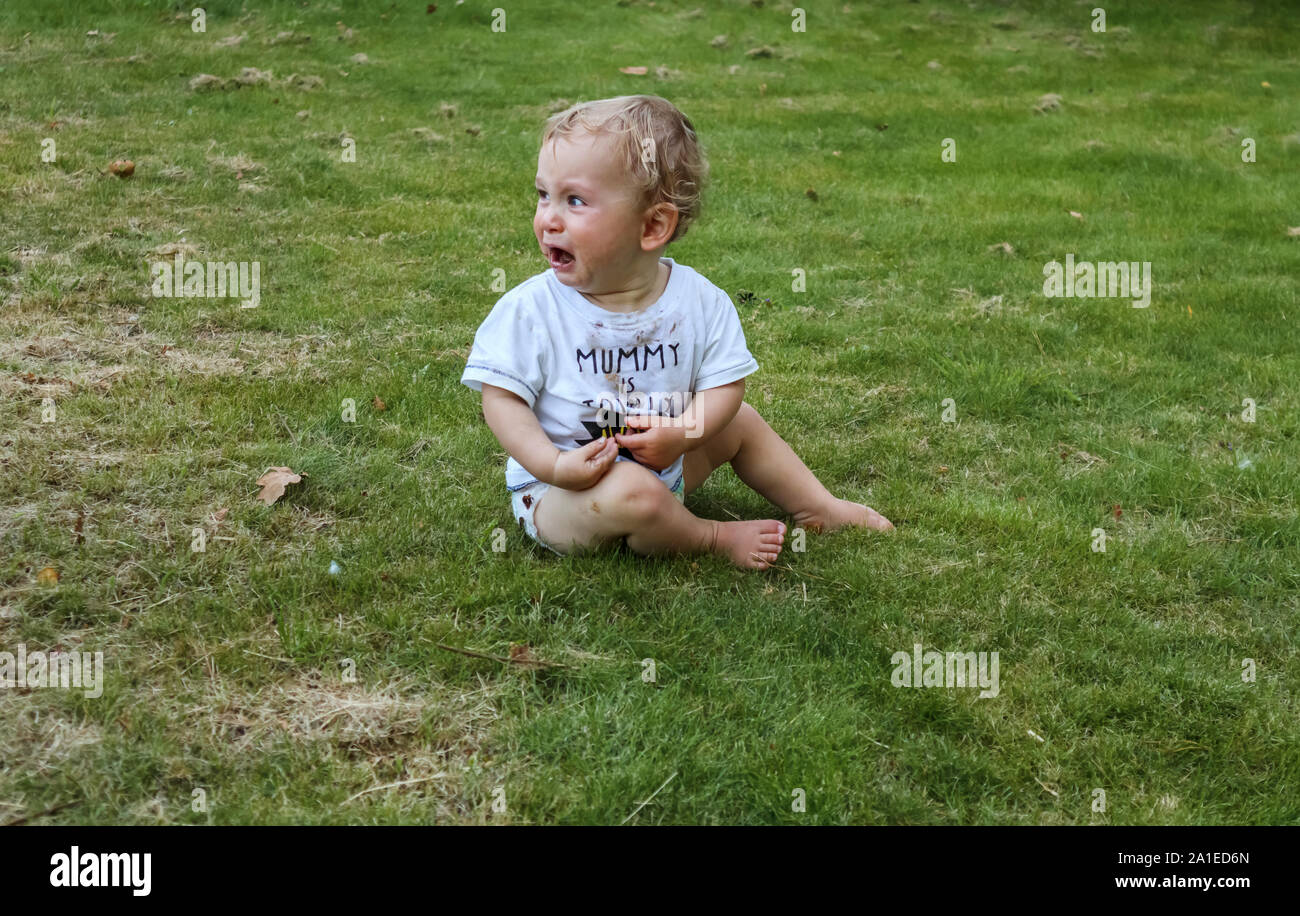 An unhappy muddy small baby boy playing in the garden wearing a dirty white t-shirt top sitting on grass sits up and cries Stock Photo