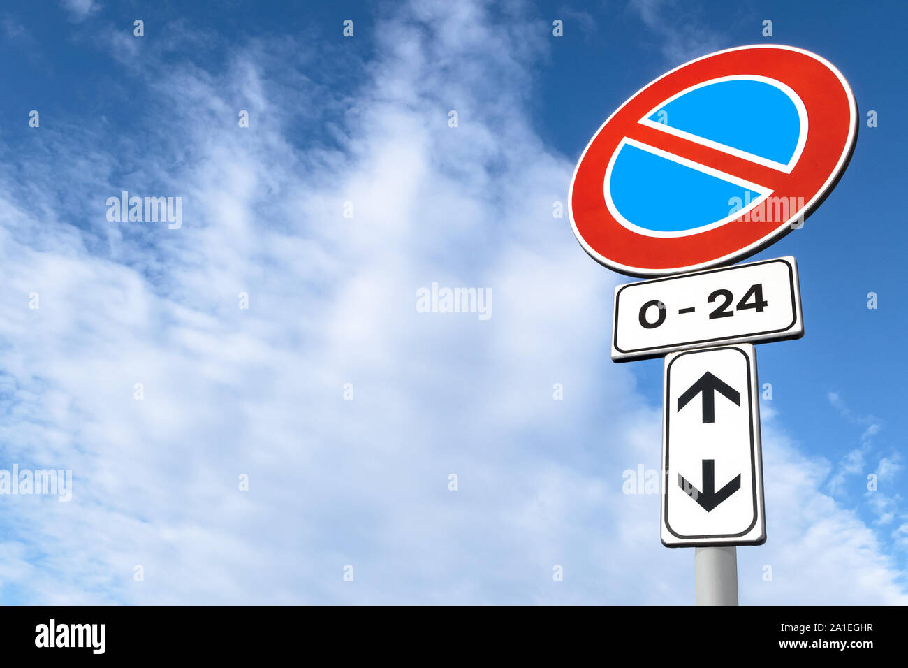 No Waiting at anytime road sign. Sky background with copy space. Stock Photo