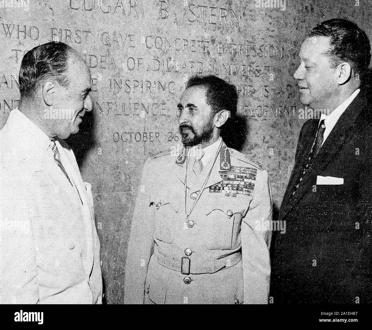 Emperor Haile Selassie I of Ethiopia, standing with Edgar B. Stern and Dr. Albert W. Dent (Former President of Dillard University). 1954. Stock Photo