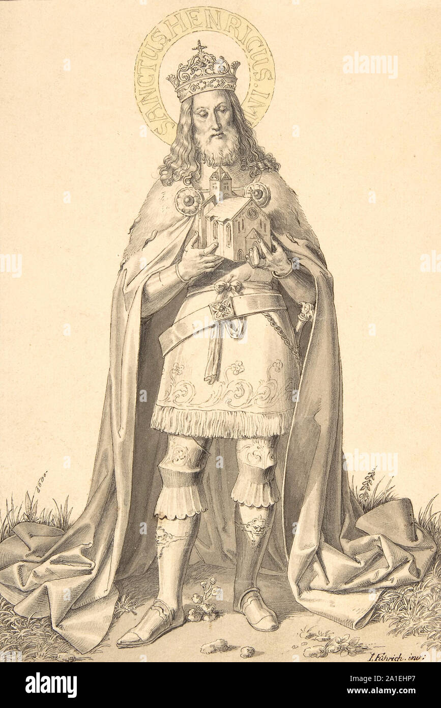 Saint Henry (Emperor Henry II). Medieval engraving. Henry II (6 May 973 – 13 July 1024), also known as Saint Henry the Exuberant, Obl. S. B., was Holy Roman Emperor from 1014 until his death in 1024 and the last member of the Ottonian dynasty of emperors as he had no children. The Duke of Bavaria from 995, Henry became King of Germany following the sudden death of his second cousin, Emperor Otto III in 1002, was crowned King of Italy in 1004, and was crowned by the pope as emperor in 1014. Stock Photo