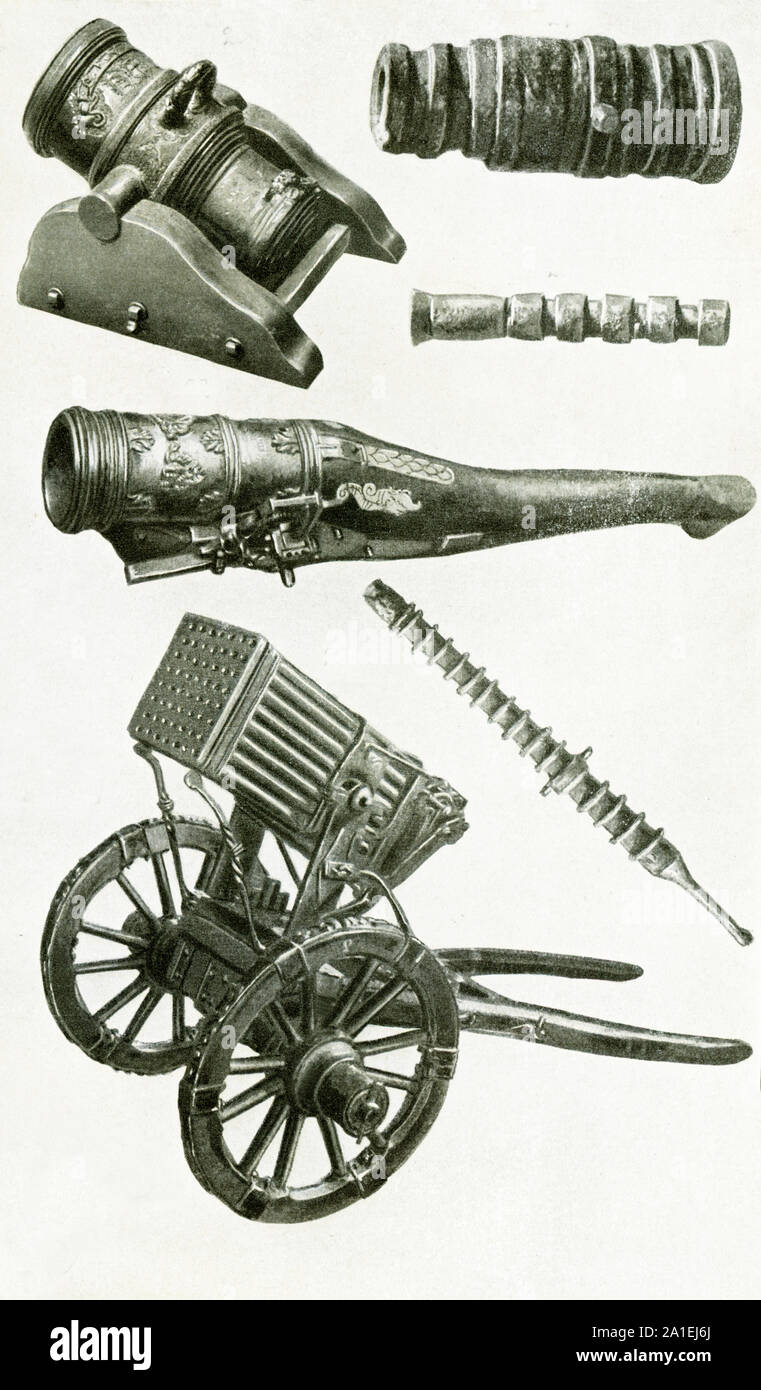 This images shows weapons used in medieval times. They are from top to bottom, left to right: a bronze cannon from 1708 that measures about 25 inches in length. Embossed on it are a coat of arms and the letters: C E M z B (for: Christian Gruss, the Markgraf of Brandenburg). At right is a a cannon wrought from iron that threw stone balls. It dates to 1450-1500. Below it is another stone cannon. It dates to 1550. Below is a bronze hand weapon from the 16th century that measures about 24 inches in length. Its “tail” is in the form of a fish. At bottom left is an organ cannon known as a death orga Stock Photo