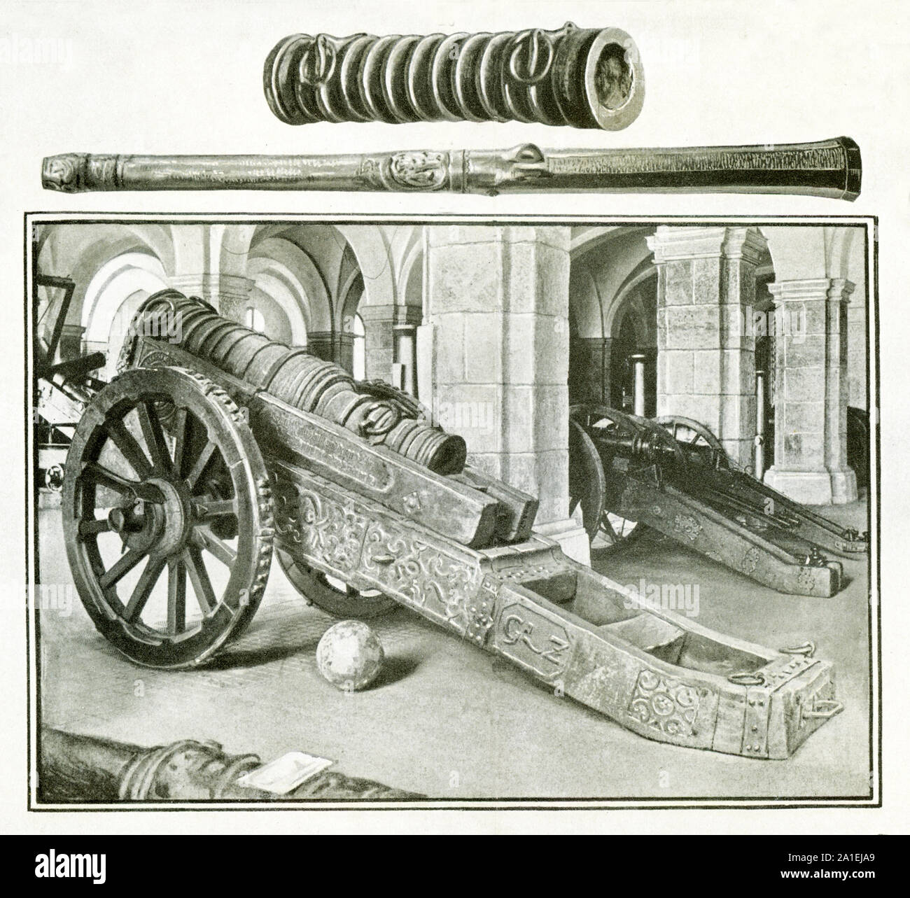 Shown here at top is a bombard, a cannon of the earliest type, which originally fired a stone ball. This one is about 43 inches in length and weighed about 275 pounds. In italy it was known as the tromba di bombarda. The middle weapon is hand cannon. At bottom are cannon on wheels that date to the late 1300s. Stock Photo