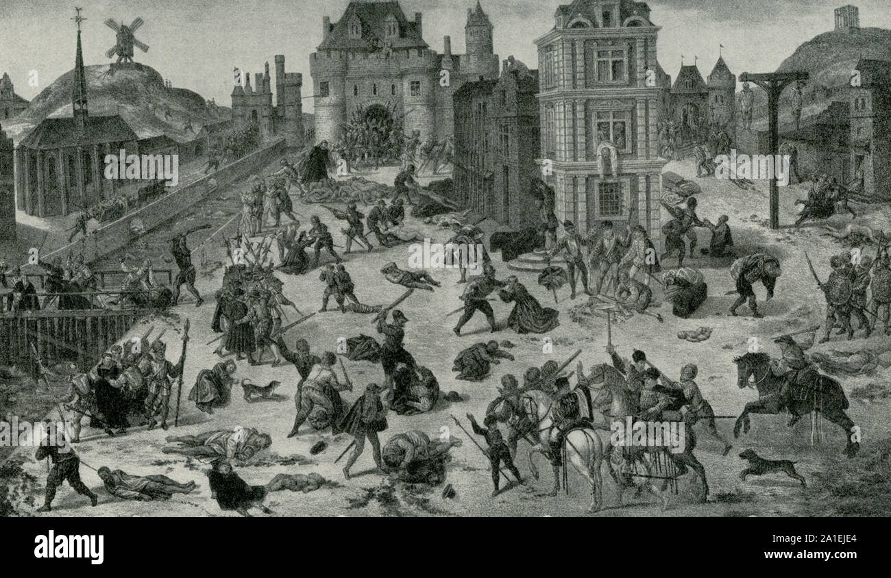 This image is a painting by Francois Dubois and depicts the Bartholomew Day Massacre. The massacre in Paris on August 24/25 in 1572 was a targeted group of assassinations and a wave of Catholic mob violence, directed against the Huguenots during the French Wars of Religion. Stock Photo