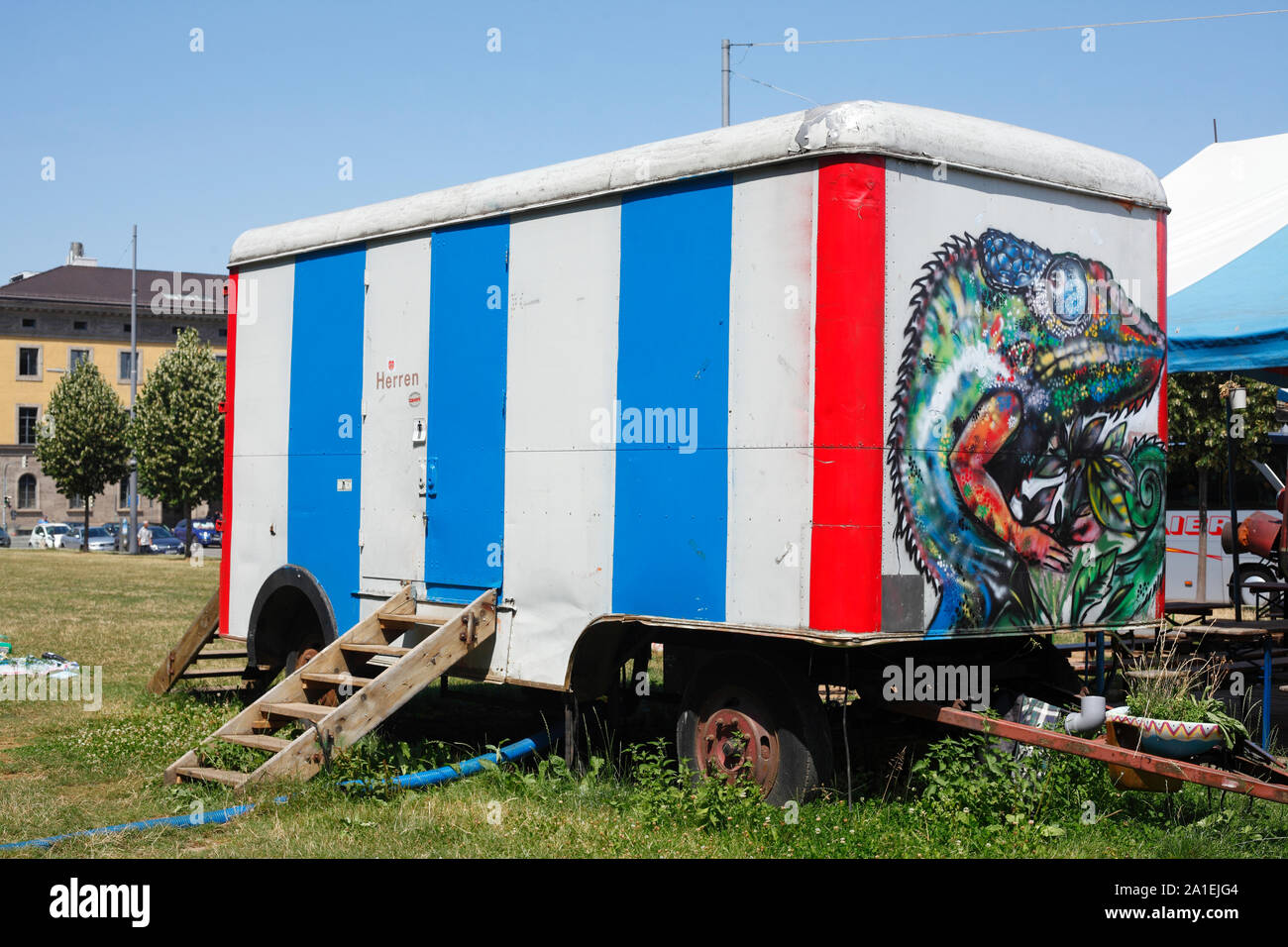 Cultural project Minna Thiel, colorful painted old construction wagon as WC, Munich, Upper Bavaria, Bavaria, Germany, Europe Stock Photo