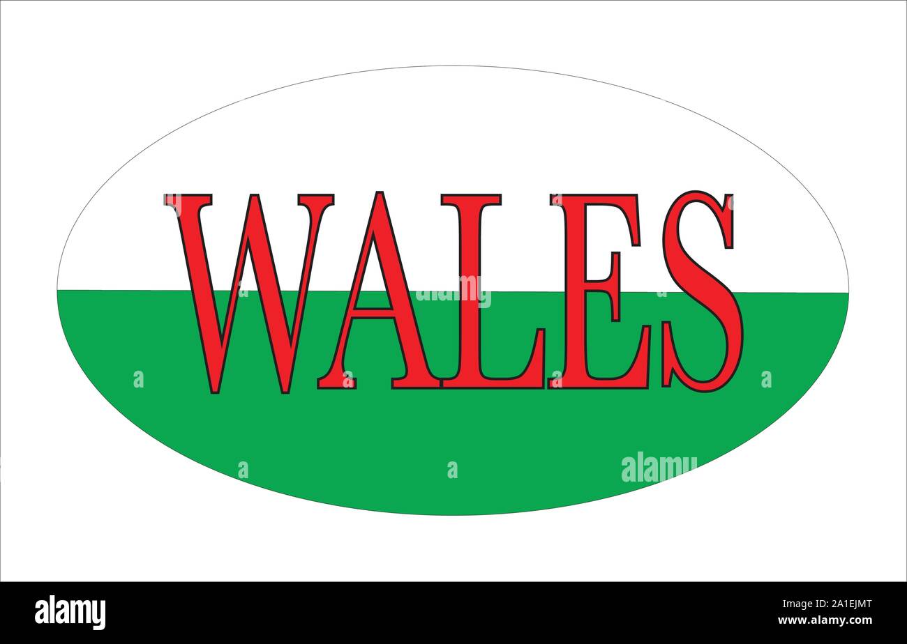 An oval rugby ball shape with the text Wales and colours of the Welsh flag Stock Vector