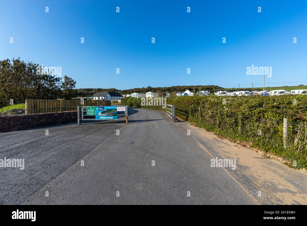 SkySea campsite entrance. Port Eynon, Gower, AONB, Swansea, Wales, Gower Peninsula Stock Photo