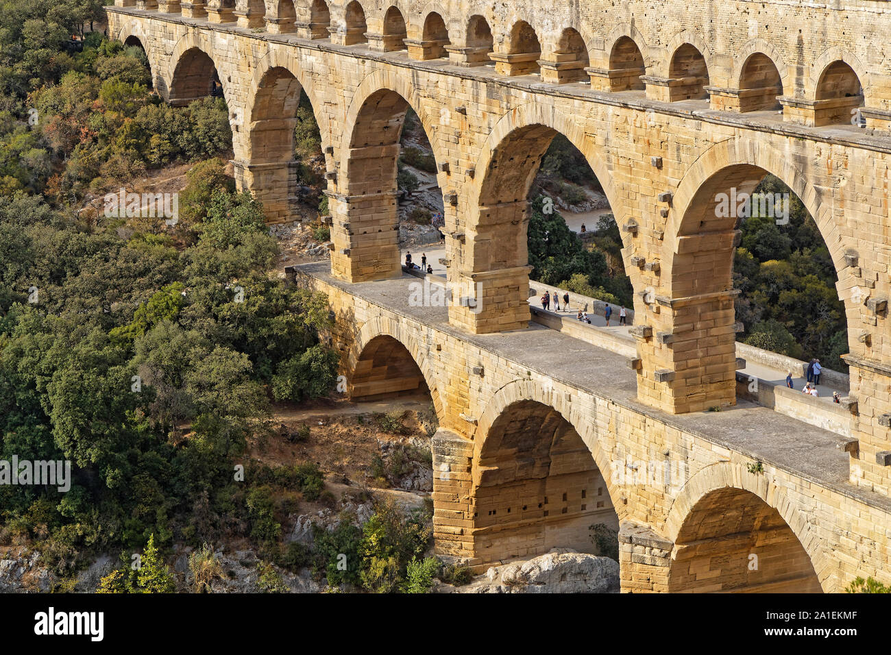 REMOULINS, FRANCE, SEPTEMBER 20, 2019 : The Pont du Gard, the highest Roman aqueduct bridge, and one of the most preserved, was built in the 1st centu Stock Photo