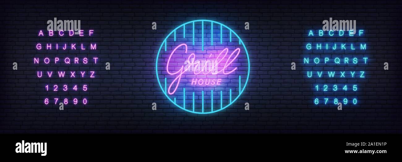 Grill Lettering Colors Grill neon template. Glowing lettering grill house sign for bar, pub ...