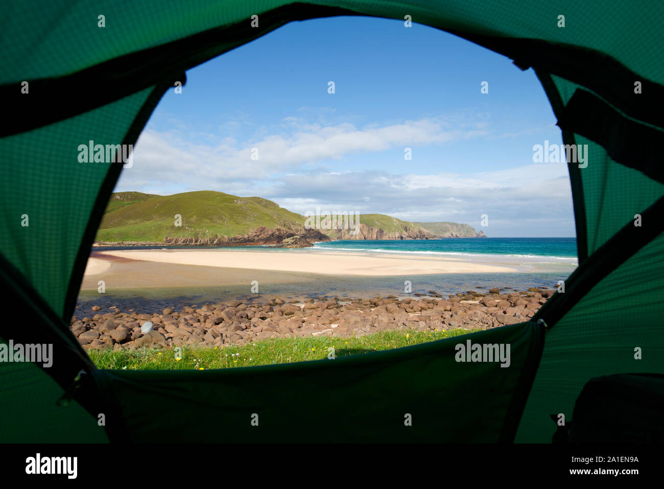 View from inside tent at Kearvaig Bay, Sutherland Stock Photo