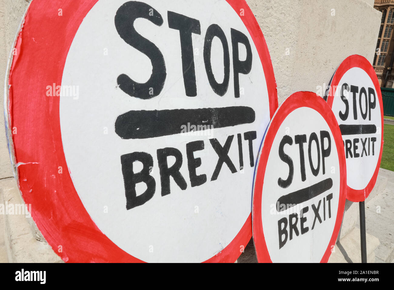 Stop Brexit lollipol signs at an anti-Brexit protest in Westminster, London, UK Stock Photo