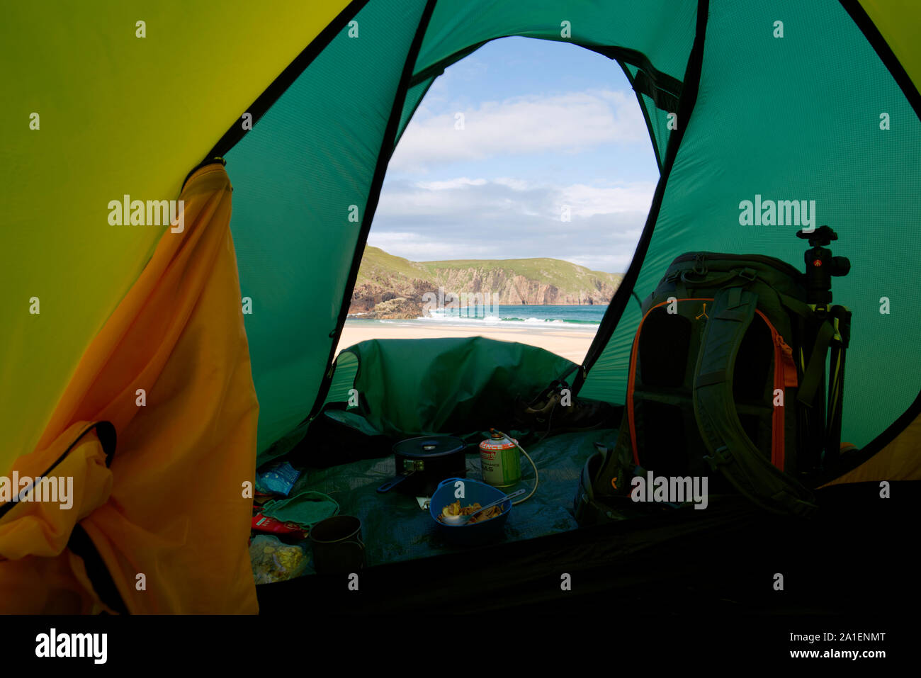 View from inside tent at Kearvaig Bay, Sutherland Stock Photo