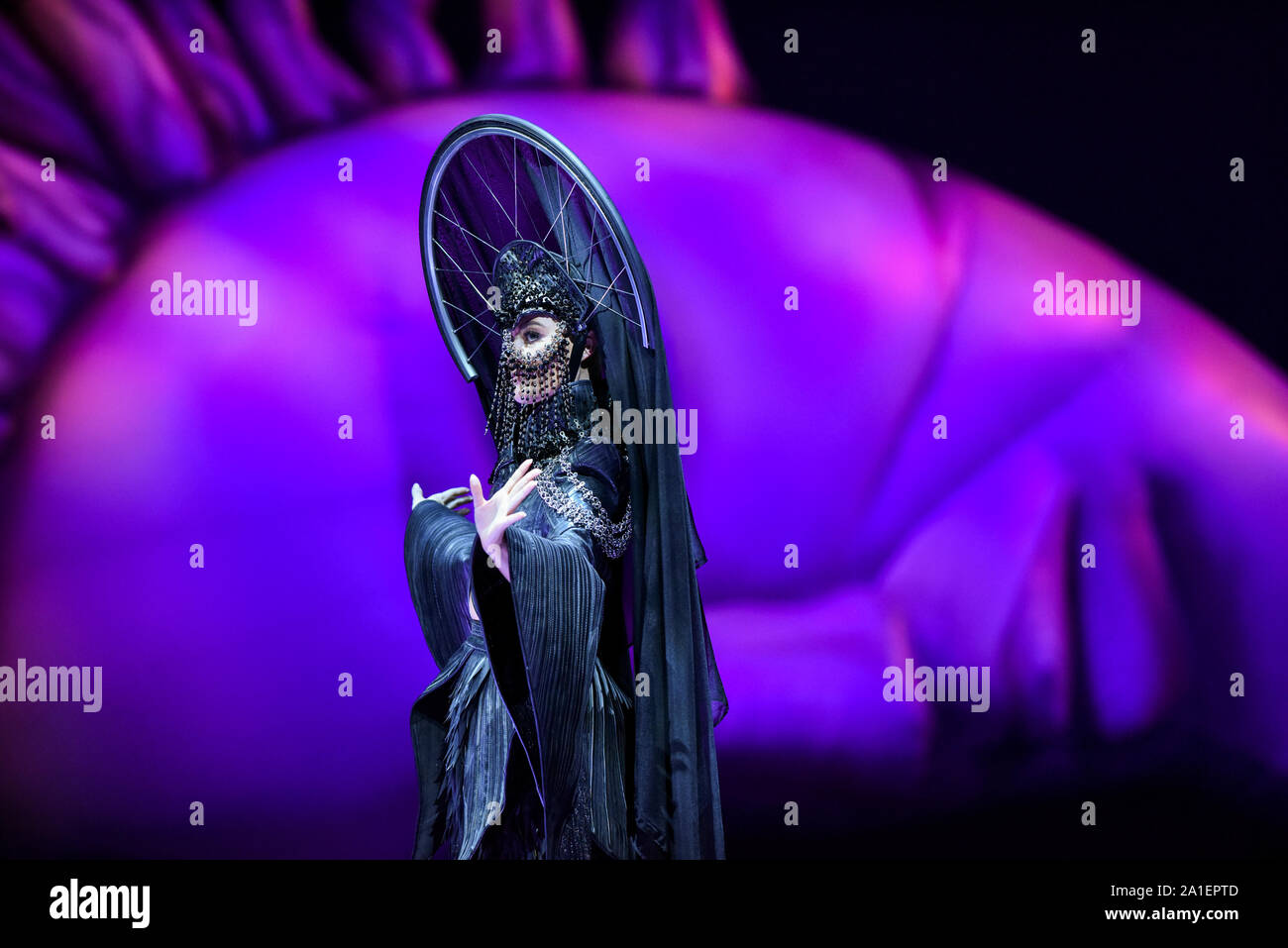Wellington, New Zealand. 26th Sep, 2019. A model presents a creation during a show of the World of Wearable Art, an international design competition, in Wellington, New Zealand, Sept. 26, 2019. Credit: Guo Lei/Xinhua/Alamy Live News Stock Photo