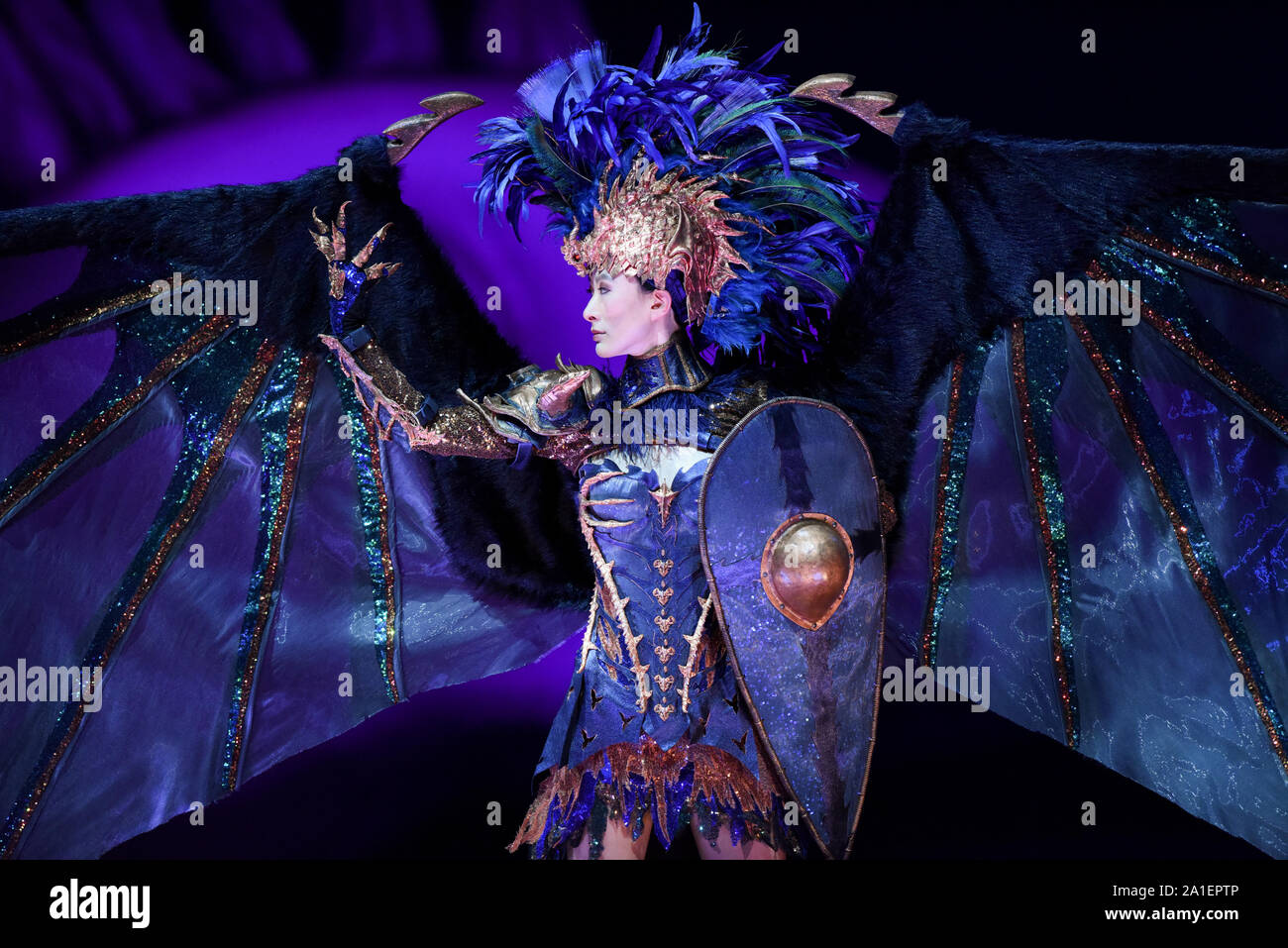 Wellington, New Zealand. 26th Sep, 2019. A model presents a creation during a show of the World of Wearable Art, an international design competition, in Wellington, New Zealand, Sept. 26, 2019. Credit: Guo Lei/Xinhua/Alamy Live News Stock Photo