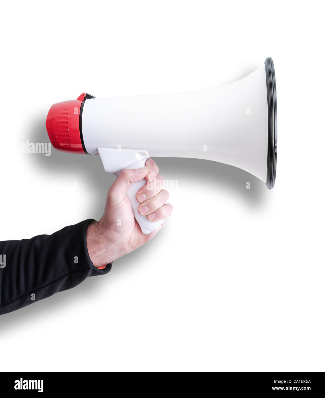 close-up of hand holding megaphone or bullhorn with shadow isolated on white Stock Photo