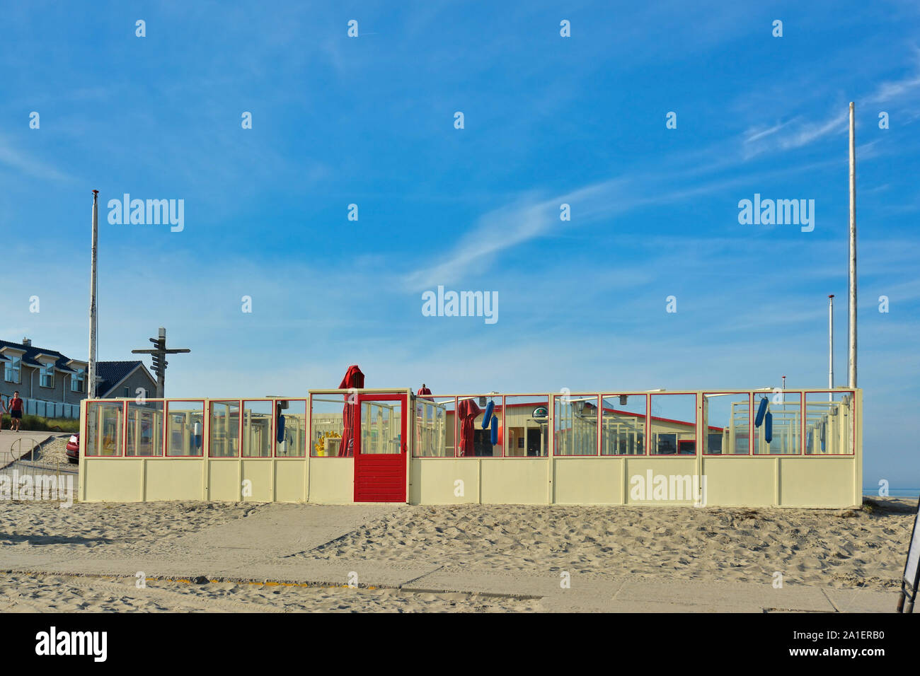 De Koog, Texel / Netherlands - August 2019: Beach pavilion 'Paal 20' on summer day with blue sky Stock Photo