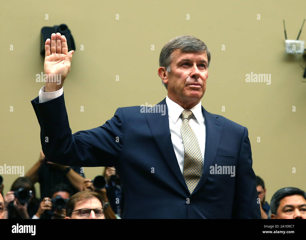 Washington, United States. 26th Sep, 2019. Acting National Intelligence Director Joseph Maguire takes the oath prior to testifying before the House Intelligence Committee at a hearing on Capitol Hill in Washington, DC on Thursday, September 26, 2019. Maguire discussed the whistleblower complaint of alleged misconduct by President Donald Trump in a July phone call with Ukraine's president. Photo by Tasos Katopodis/UPI Credit: UPI/Alamy Live News Stock Photo